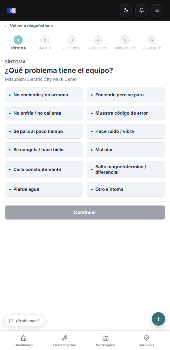 Captura móvil del diagnóstico guiado de AirconCheck en modo claro