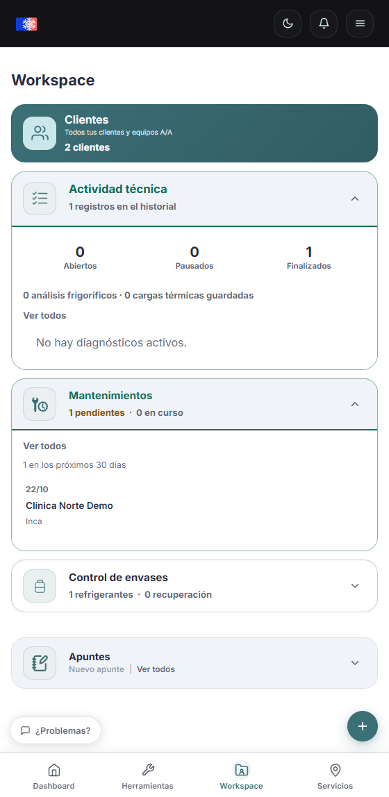 Captura móvil del workspace profesional de AirconCheck en modo claro