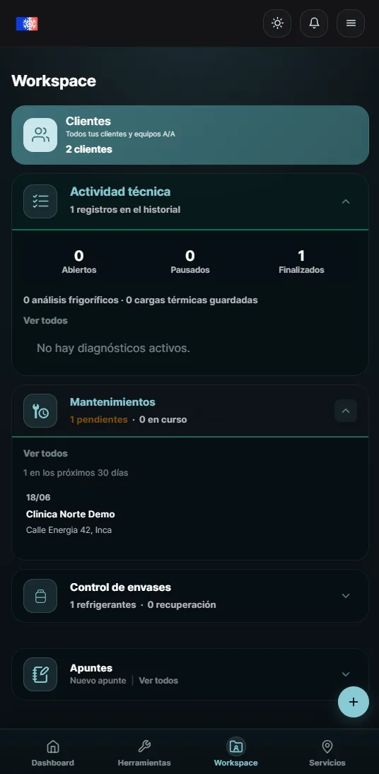 Captura móvil del workspace profesional de AirconCheck