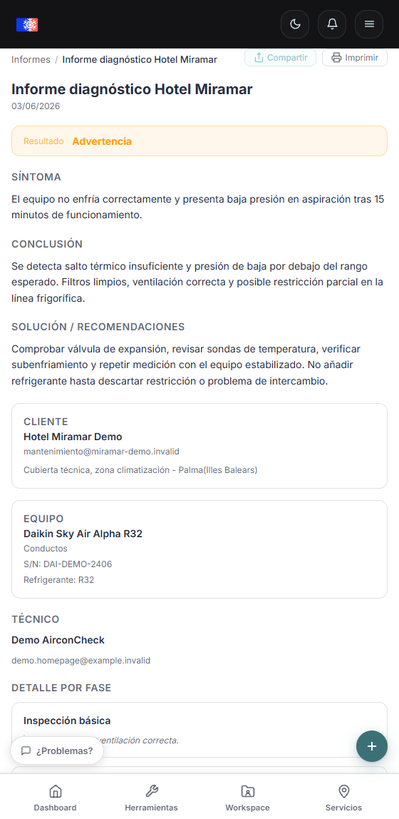Captura móvil de informes y trazabilidad de AirconCheck en modo claro