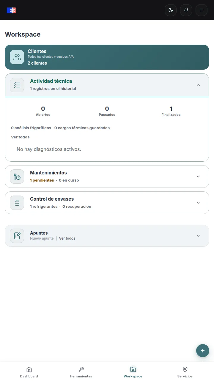 Captura móvil del workspace profesional de AirconCheck