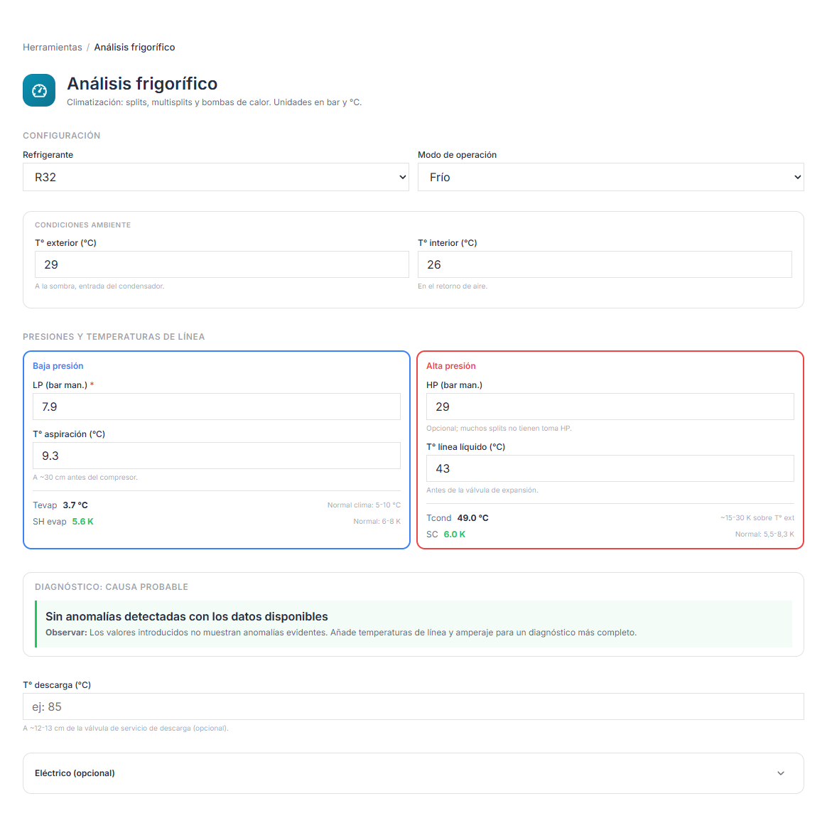 Análisis frigorífico de AirconCheck en modo claro con valores de demostración