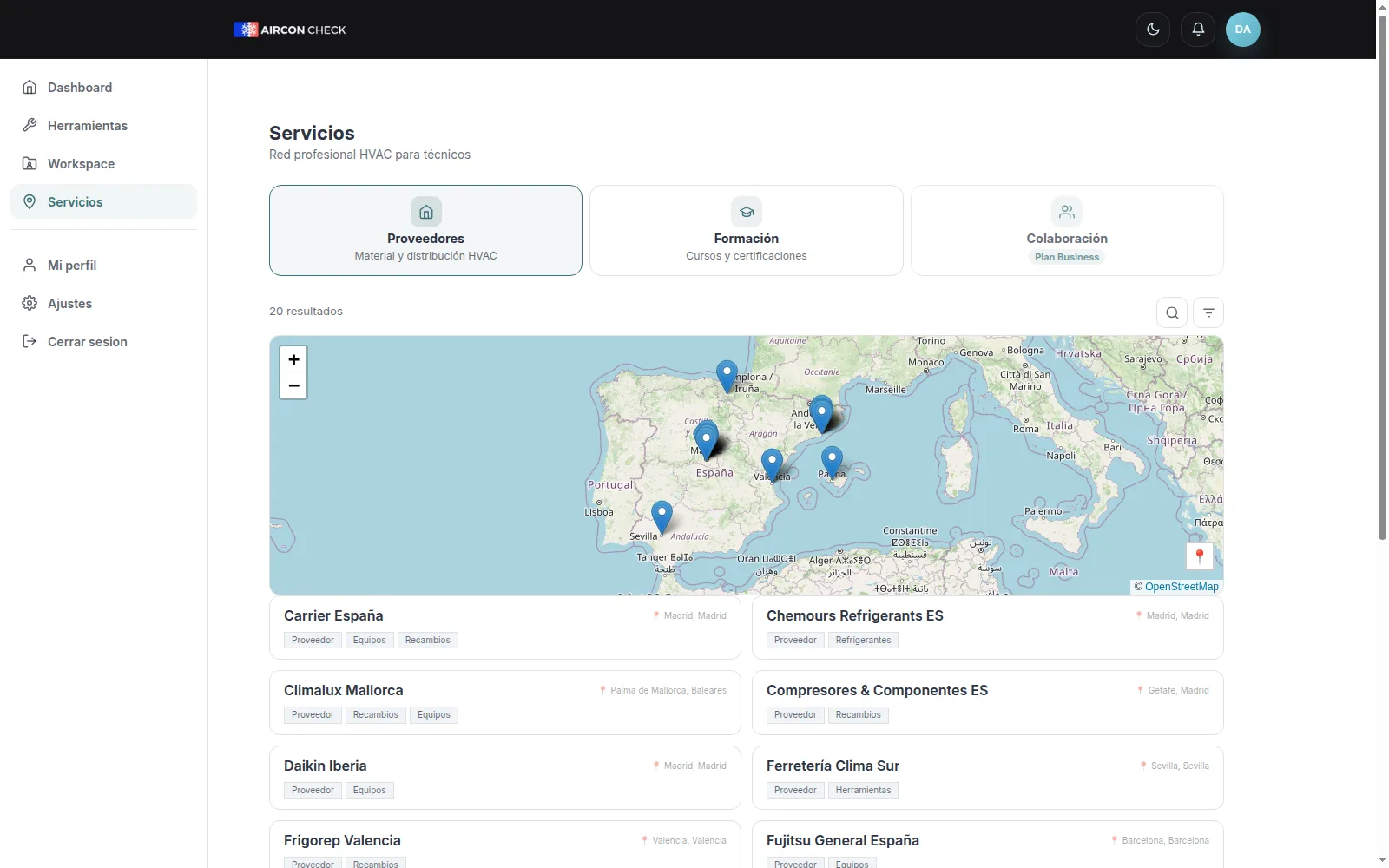 Captura desktop del directorio Sector HVAC en AirconCheck