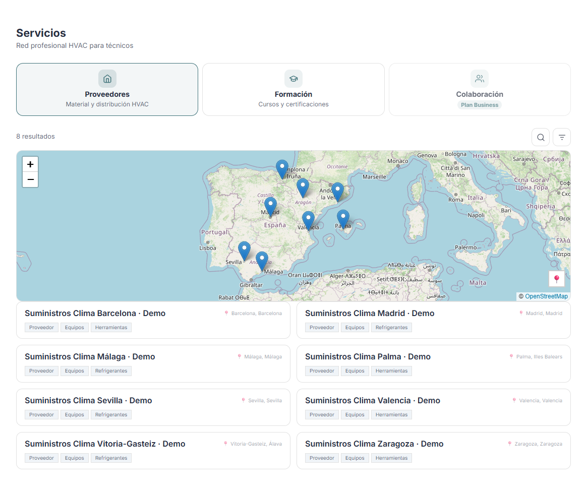 Mapa y directorio de servicios HVAC de AirconCheck en modo claro con proveedores demo