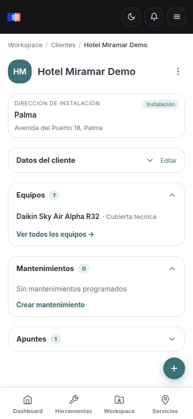 Vista del dashboard de empresa en AirconCheck: herramientas y operativa compartida